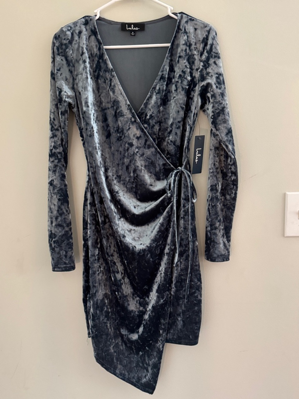 Lulu's Slate Gray Crushed Velvet Wrap Dress